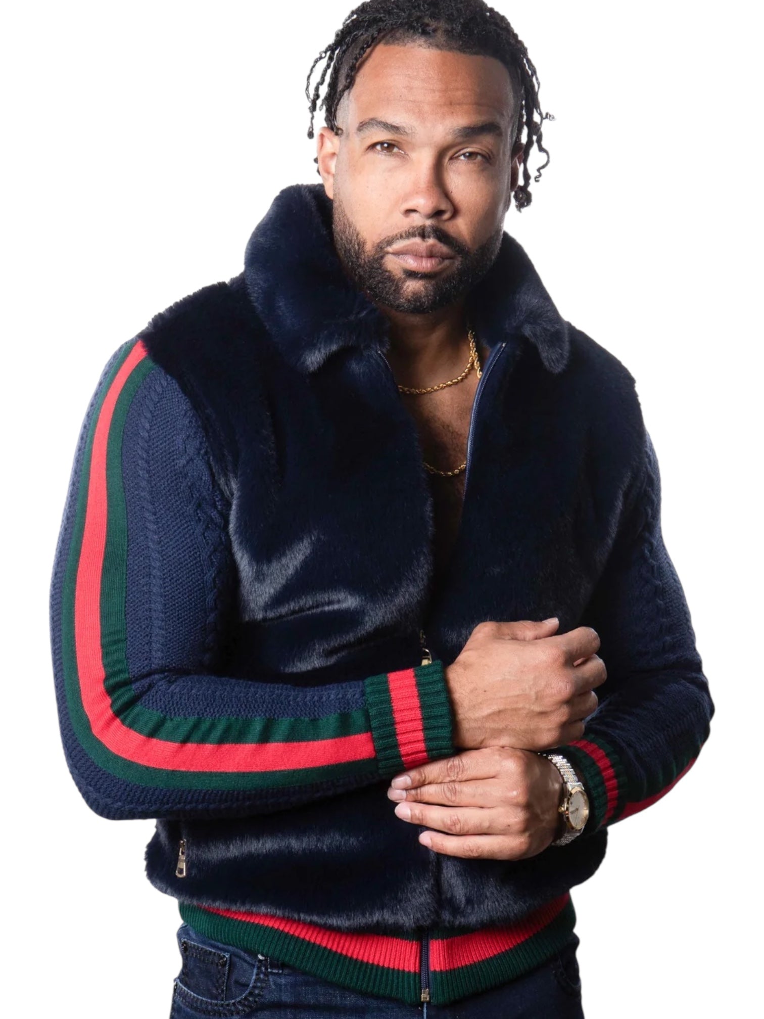 Prestige Fur Bomber Sweater Jacket (Navy/Red/Green) 175