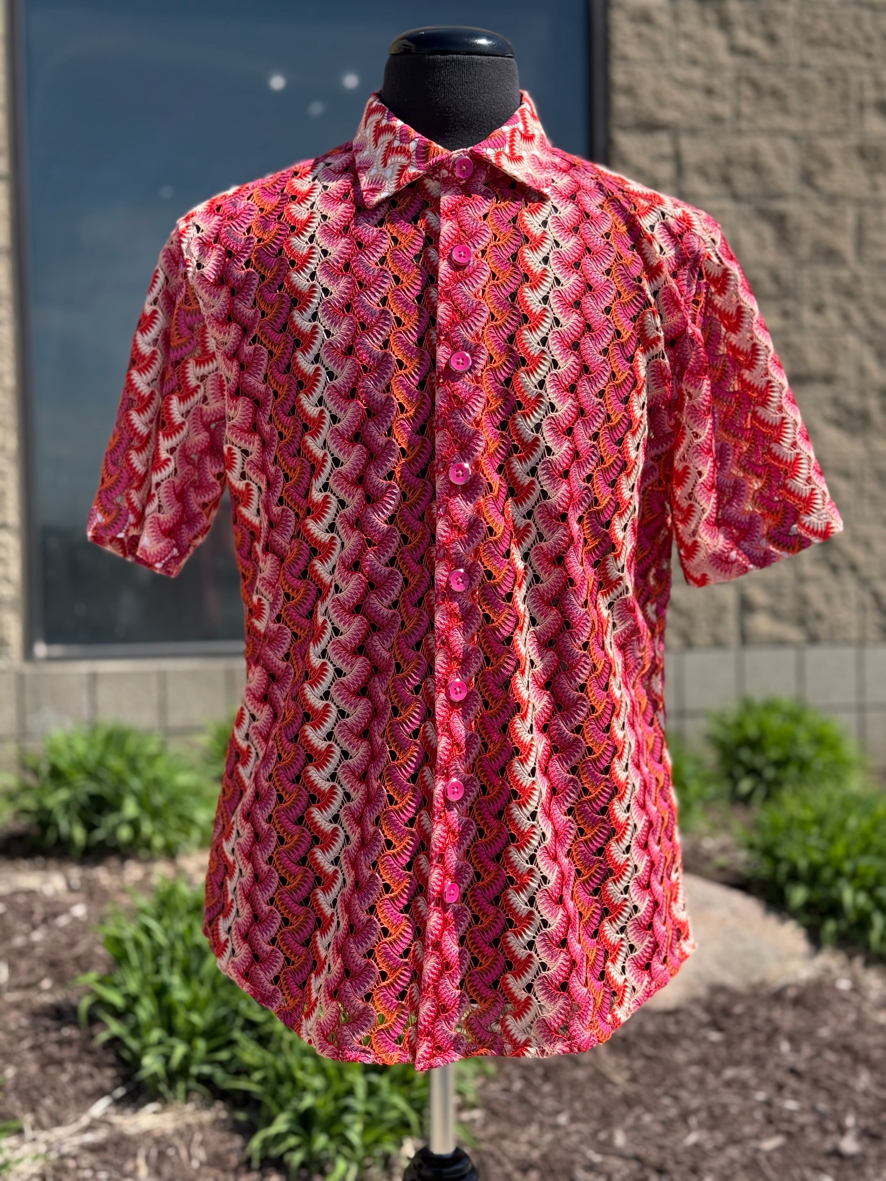 Lanzino "Woven" Short Sleeve Shirt (Coral) 119