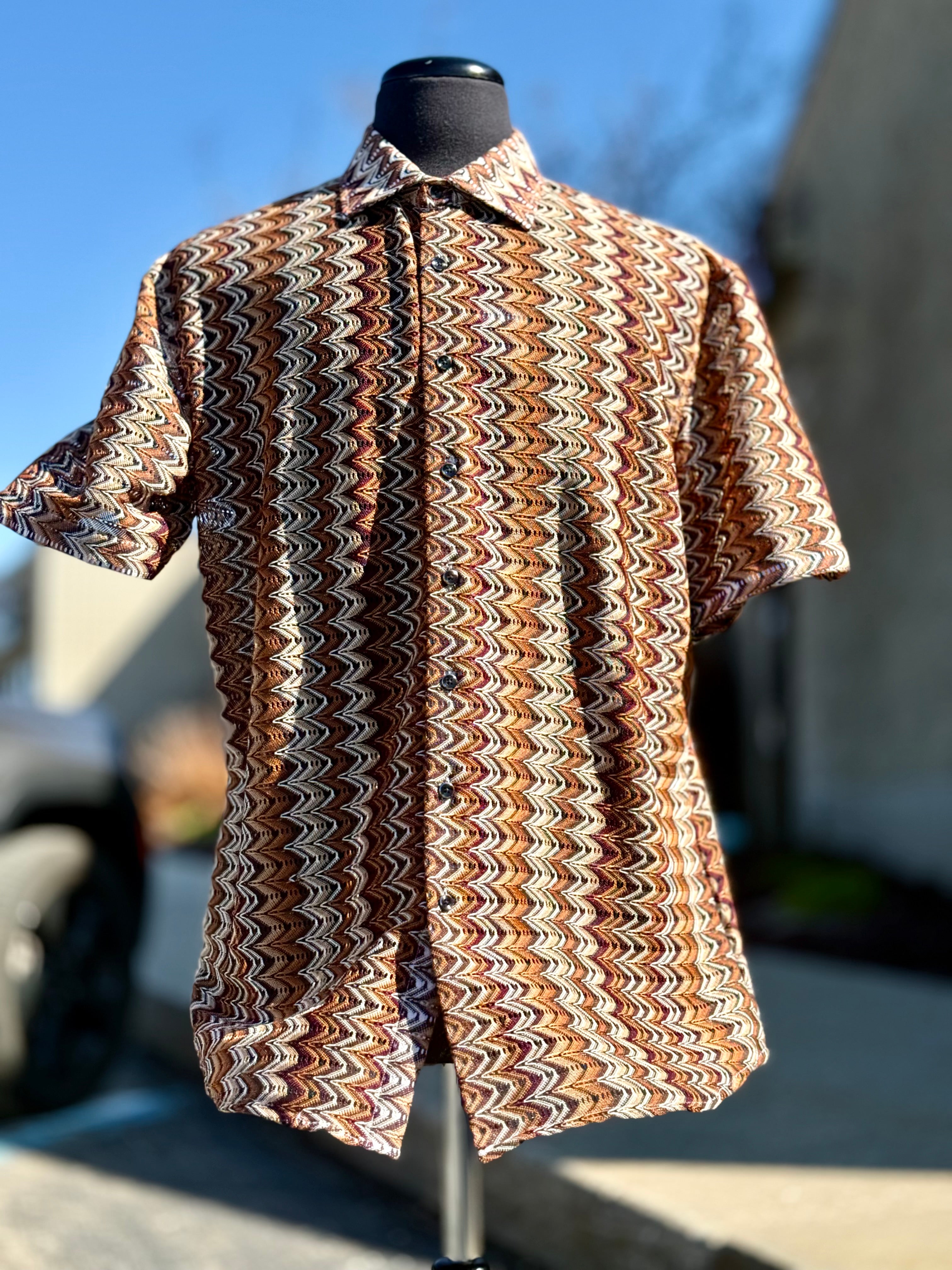Lanzino "Woven" Short Sleeve Shirt (Brown) 118